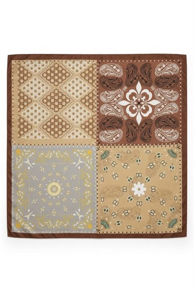 Patchwork Desenli 60X65 Ölçülü Saten Fular Taba