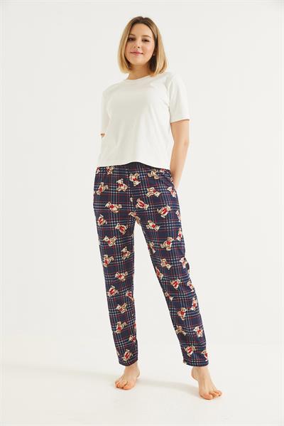 Ayıcık Basklı Ekose Desen Pijama Altı Lacivert