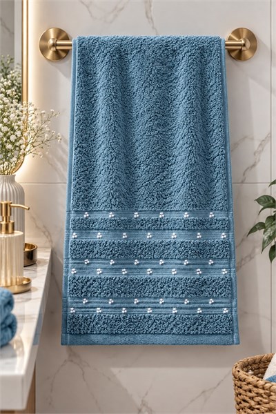 Dikiş Detaylı 85X45 Ölçülü El-Yüz Havlusu Mavi