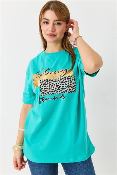 Kadın Bisiklet Yaka Baskılı Kısa Kol Tshirt Yeşil