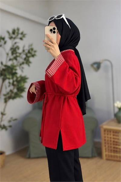 Kadın Beli Kuşaklı Yakası Fıfır Detaylı Modal Tunik Kırmızı