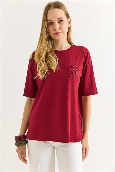 Fiyonk Detaylı Rahat Kesim Kadın Tshirt Bordo
