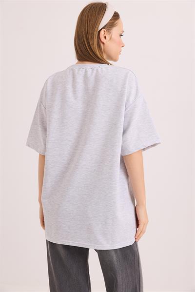 Bisiklet Yaka  Kısa Kol Basic Tshirt Açık Gri