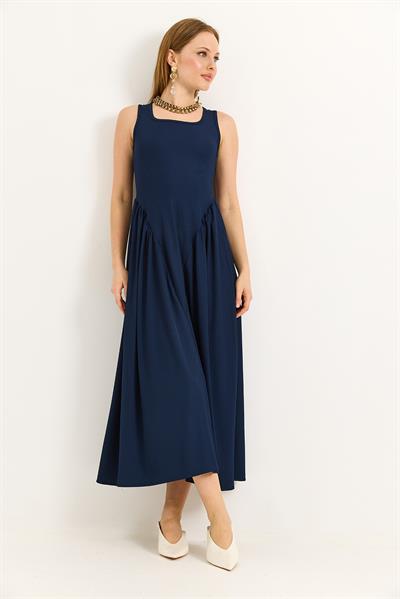 Bel Büzgülü Kalın Askılı Elbise Lacivert