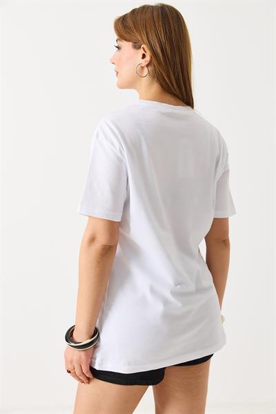 Kadın Baskılı Bisiklet Yaka Kısa Kol Tshirt Beyaz