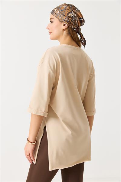 Kadın Yanı Yırtmaçlı Oversize Basic Tshirt Krem