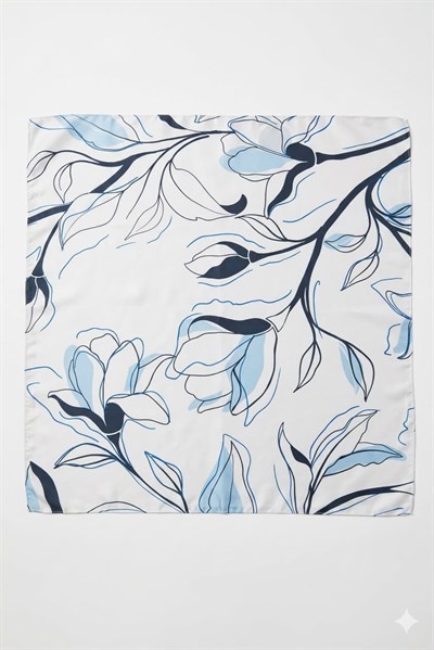 Manolya Desenli 60X65 Ölçülü Saten Fular Beyaz 
