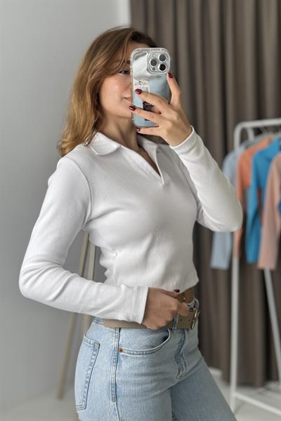 Kadın Polo Yaka Fitilli Crop Bluz Beyaz