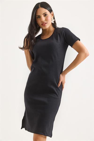 Kısa Kol Bisiklet Yaka Yırtmaç Detaylı Midi Elbise Siyah