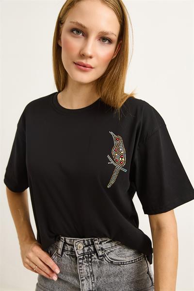 Taş Baskılı Kuş Motifli Bisiklet Yaka Tshirt Siyah