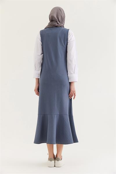 Çizgili Sıfır Kol Beli Kuşaklı Elbise Gri