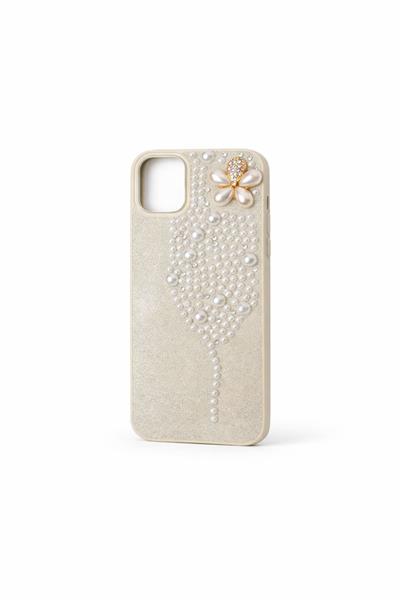 İphone 12 Uyumlu İnci ve Glitter Detaylı Kılıf Ekru