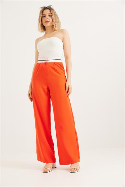 Beli Şeritli Bol Paça Pantolon Turuncu