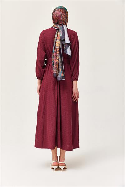 Bel Lastikli Kemerli Yarasa Kol Elbise Bordo 