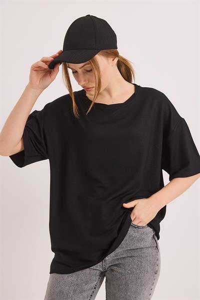 Oversize Yumuşak Dokulu Salaş T-Shirt Siyah