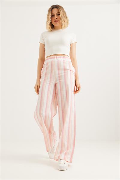 Beli Lastikli Rahat Kesim Keten Pantolon Pembe