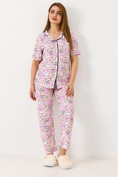 Kadın Bulut Baskılı Pijama Takımı Pembe