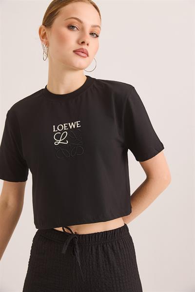Nakışlı Örme Pamuk Crop Tshirt Siyah