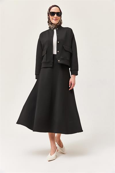 Metal Düğmeli Etekli Scuba İkili Takım Siyah 