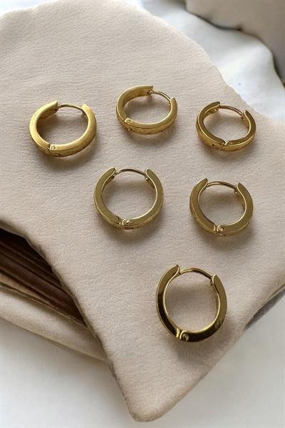 6 lı  Çelik Minimal Halka Üç Boy Gold Küpe