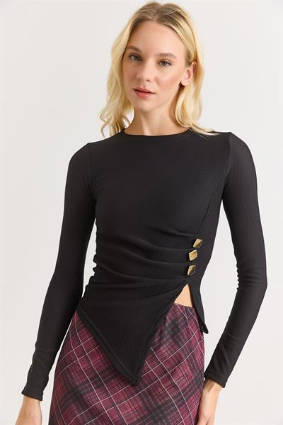 Yanları Tokalı ve Yırtmaçlı Uzun Kollu Bluz Siyah