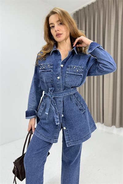 Kuşaklı Cepleri Taş Detaylı Pantolon Tunik Jean Takım
