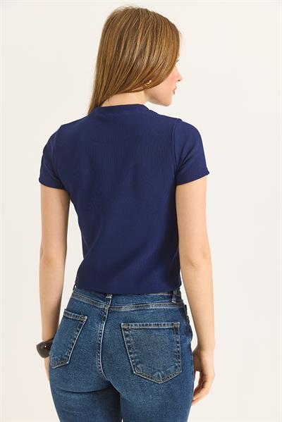 Bisiklet Yaka Alo Nakışlı Fitilli Crop Bluz Lacivert