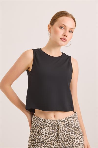 Sıfır Kol Yuvarlak Yaka Havalı Crop Tshirt Siyah