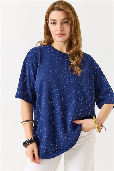 Kadın Taş Detaylı Bsiklet Yaka Oversize Tshirt Lacivert