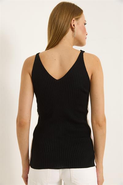 Yanları Şeritli Fitilli Askılı Bluz Siyah