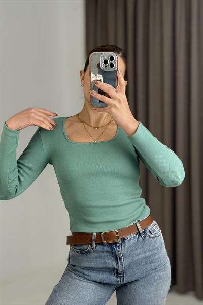 Kadın Fitilli Kare Yaka Uzun Kollu Bluz  Yeşil