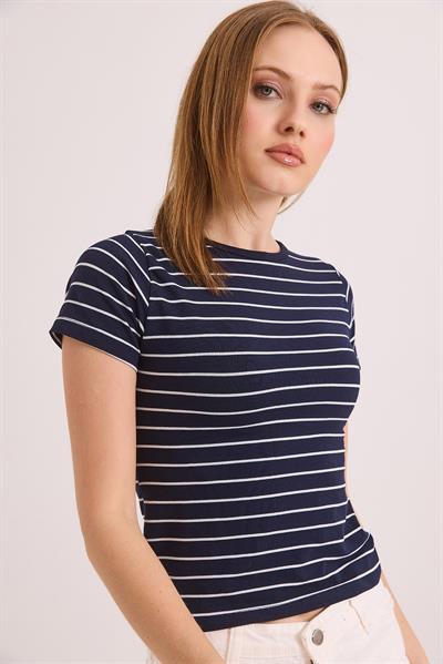 Kısa Kol Likralı Kompak Çizgili Tshirt Lacivert