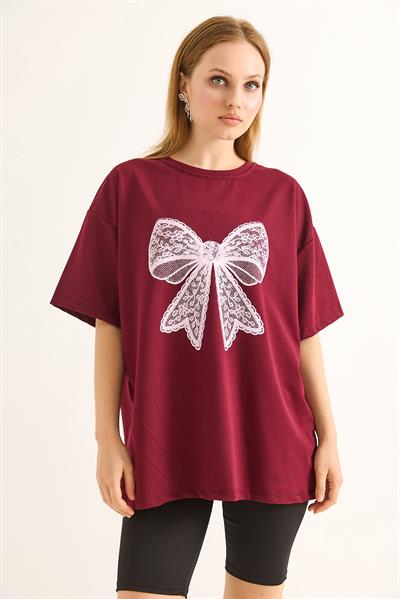 Fiyonk Baskılı Oversize Kesim Tshirt Bordo