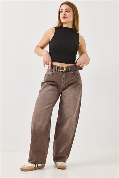 Kadın Bol Paça Kemerli Kot Pantolon