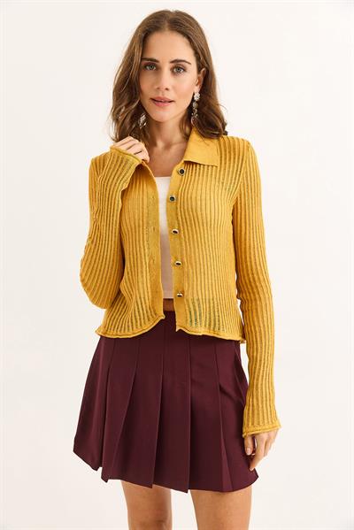 Polo Yaka Yazlık Triko Hırka Taba