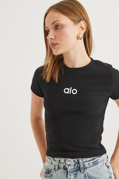 Bisiklet Yaka Alo Nakışlı Fitilli Crop Bluz Siyah