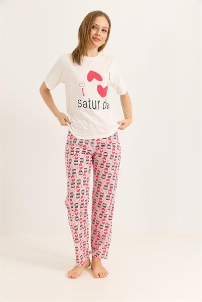 Bisiklet Yaka Beli Lastikli Pijama Takım Pembe