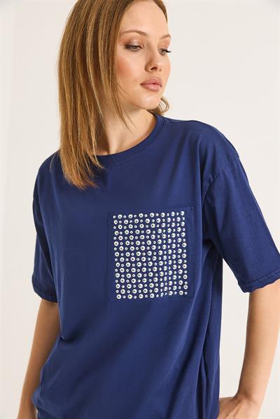 Bisiklet Yaka Taş Detaylı Cepli Tshirt Lacivert