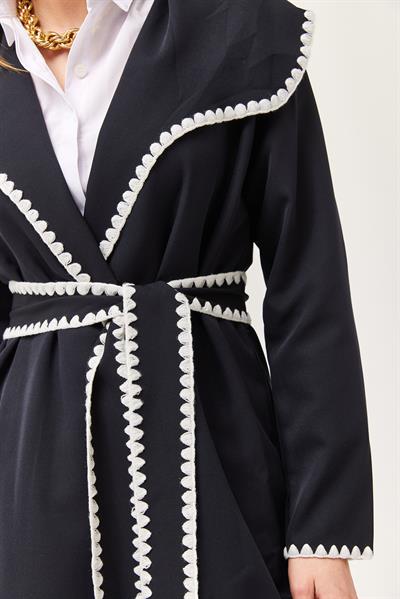 Çoban Dikişli Kuşaklı Hırka Siyah