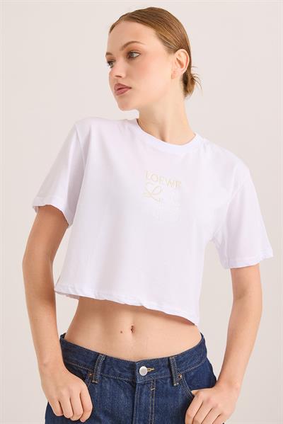 Nakışlı Örme Pamuk Crop Tshirt Beyaz