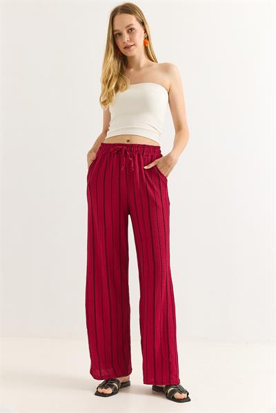 Bürümcük Çizgili Rahat Kesim Pantalon Bordo