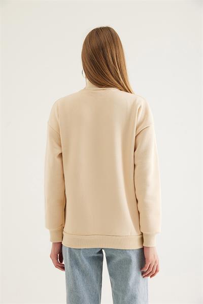 Balıkçı Yaka Şardonlu 3 ip Örme Sweatshirt Bej