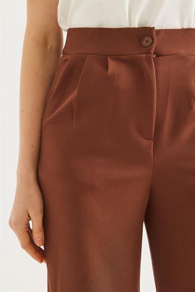 Yüksek Bel Cepli Palazzo Pantolon Kahverengi