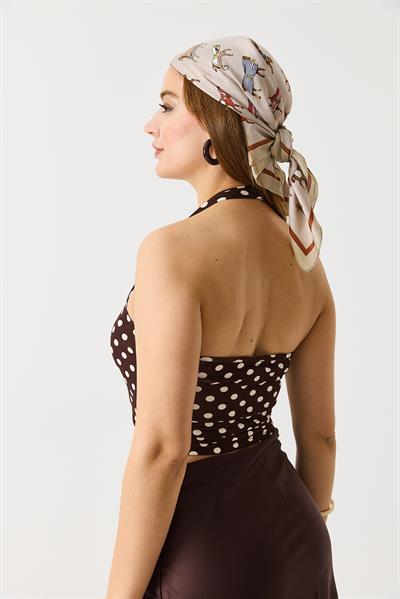 Kadın Boyundan Askılı Puantiyeli Crop Bluz Kahverengi