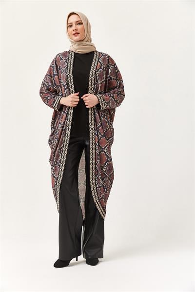 Oversize Şerit Detaylı Kimono Hırka Mürdüm