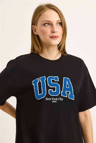 Nakışlı Bisiklet Yaka  Kadın Tshirt Siyah