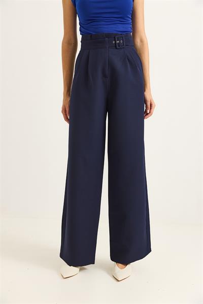 Yüksek Bel  Kemerli Bol Paça Pantolon Lacivert