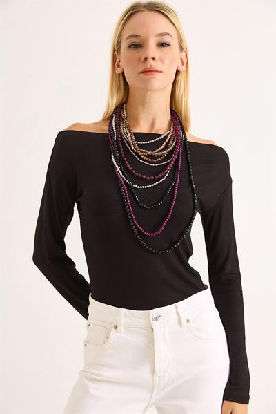 Kadın Geniş Yaka Uzun Kollu Bluz Siyah