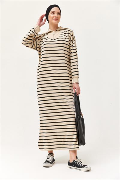 Yarım Fermuar Çizgili Uzun Elbise Siyah