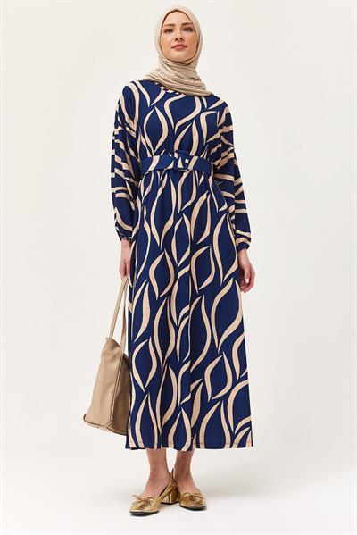 Kemerli Yarasa Kol Kemerli Elbise Lacivert